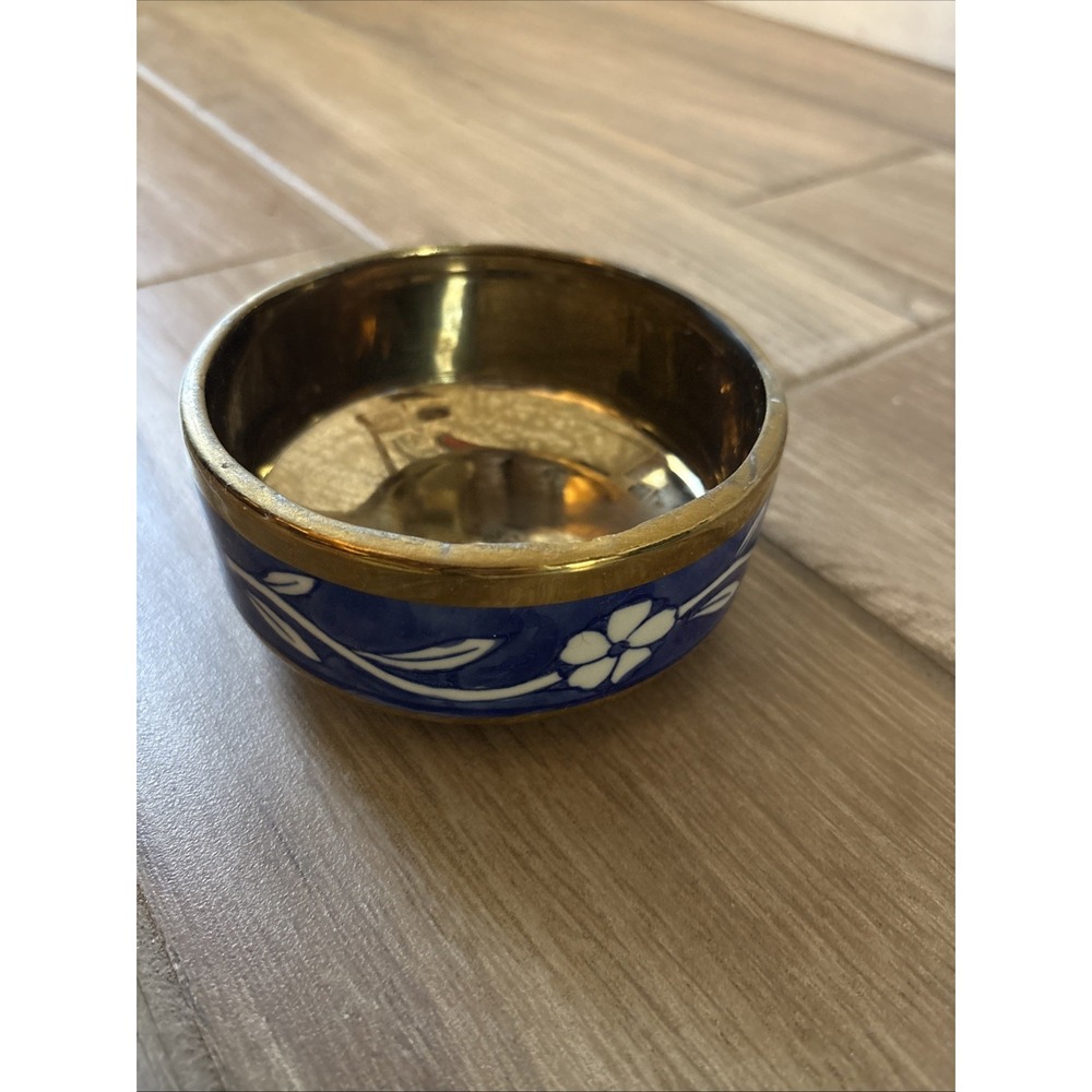 Blue & Gold Porcelain Floral Trinket Dish Box with Lid 5in x 2.5in